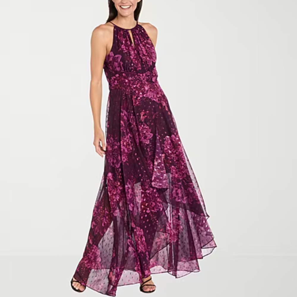 Women's R & M Burgundy Floral Gown/ Maxi Dress Sz 16 NWT